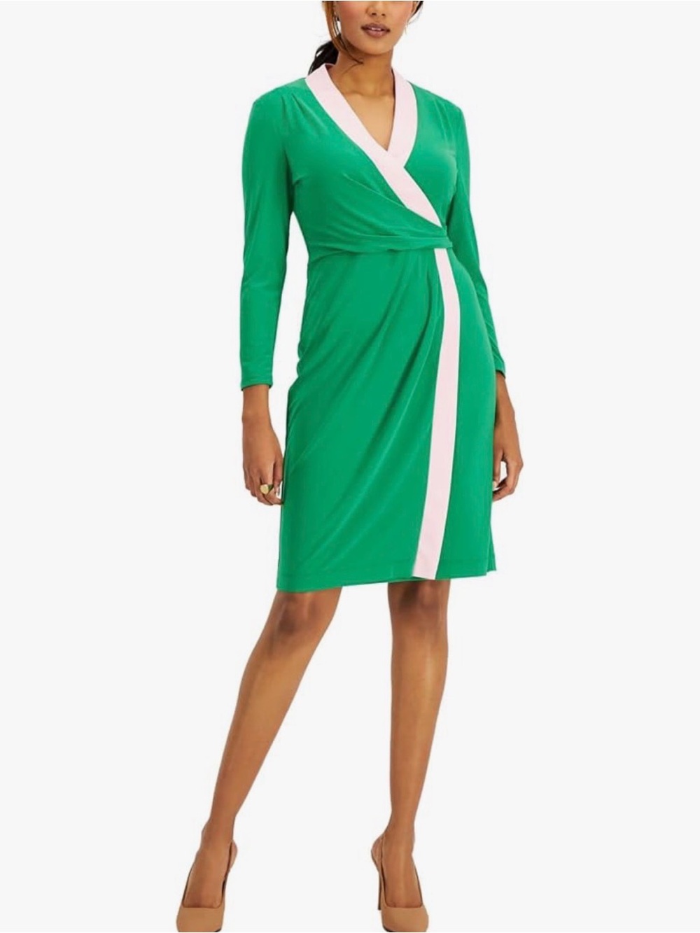 Kasper Green Wrap Dress with Pink Trim - Long Sleeve V-Neck